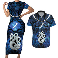 Personalized Maori Matariki Manaia Couples Matching Short Sleeve Bodycon Dress and Hawaiian Shirt Maori Kowhaiwhai Pattern Galaxy LT01 Blue - Polynesian Pride
