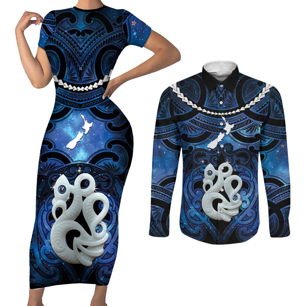 Personalized Maori Matariki Manaia Couples Matching Short Sleeve Bodycon Dress and Long Sleeve Button Shirt Maori Kowhaiwhai Pattern Galaxy