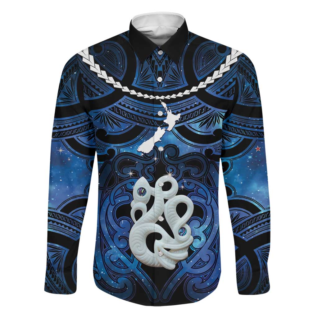 Personalized Maori Matariki Manaia Family Matching Off Shoulder Maxi Dress and Hawaiian Shirt Maori Kowhaiwhai Pattern Galaxy LT01 Dad's Shirt - Long Sleeve Blue - Polynesian Pride