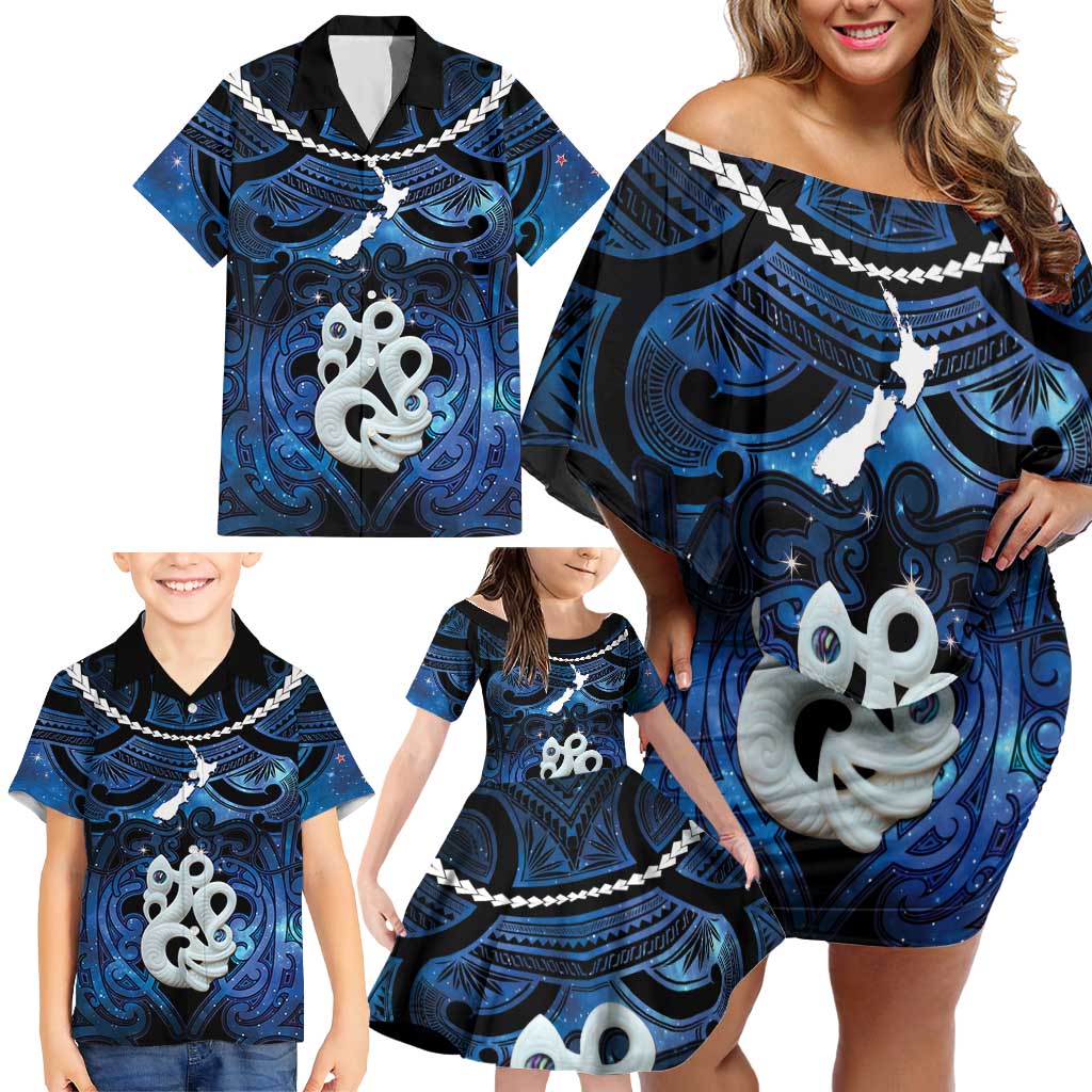 Personalized Maori Matariki Manaia Family Matching Off Shoulder Short Dress and Hawaiian Shirt Maori Kowhaiwhai Pattern Galaxy LT01 - Polynesian Pride