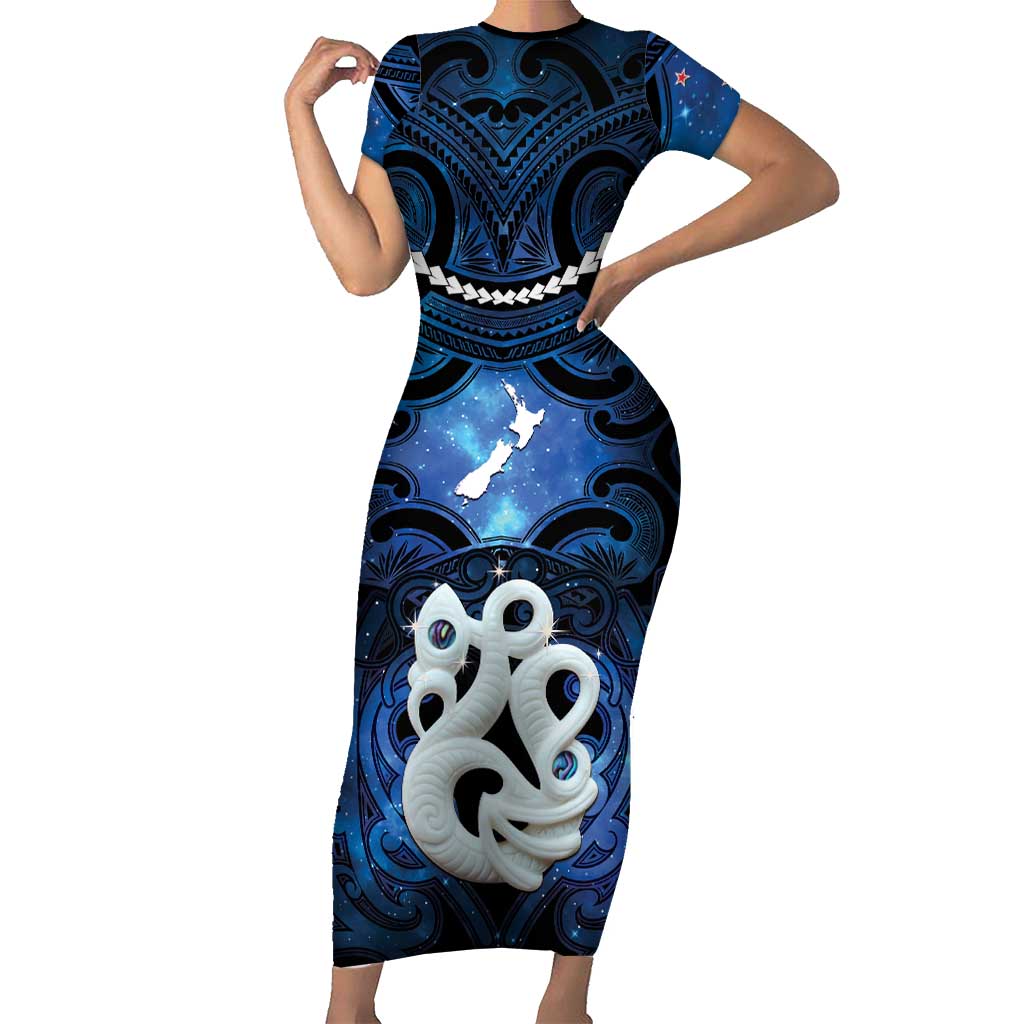 Personalized Maori Matariki Manaia Family Matching Short Sleeve Bodycon Dress and Hawaiian Shirt Maori Kowhaiwhai Pattern Galaxy LT01 Mom's Dress Blue - Polynesian Pride
