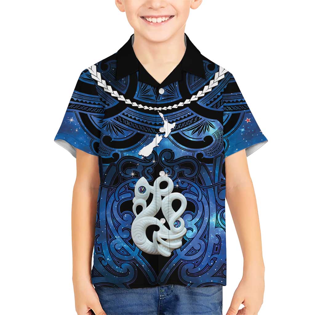 Personalized Maori Matariki Manaia Family Matching Short Sleeve Bodycon Dress and Hawaiian Shirt Maori Kowhaiwhai Pattern Galaxy LT01 Son's Shirt Blue - Polynesian Pride