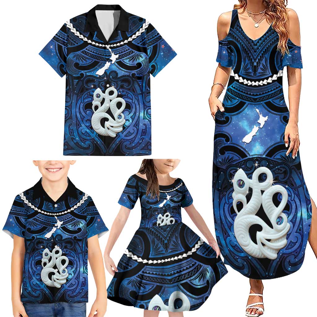Personalized Maori Matariki Manaia Family Matching Summer Maxi Dress and Hawaiian Shirt Maori Kowhaiwhai Pattern Galaxy