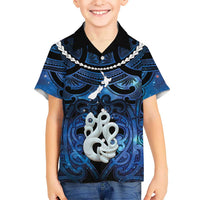 Personalized Maori Matariki Manaia Family Matching Summer Maxi Dress and Hawaiian Shirt Maori Kowhaiwhai Pattern Galaxy LT01 Son's Shirt Blue - Polynesian Pride