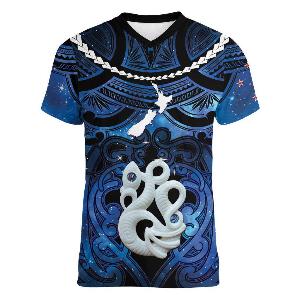 Personalized Maori Matariki Manaia Women V-Neck T-Shirt Maori Kowhaiwhai Pattern Galaxy LT01 Female Blue - Polynesian Pride