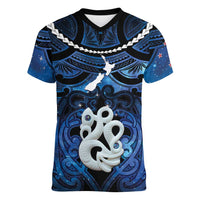 Personalized Maori Matariki Manaia Women V-Neck T-Shirt Maori Kowhaiwhai Pattern Galaxy LT01 Female Blue - Polynesian Pride