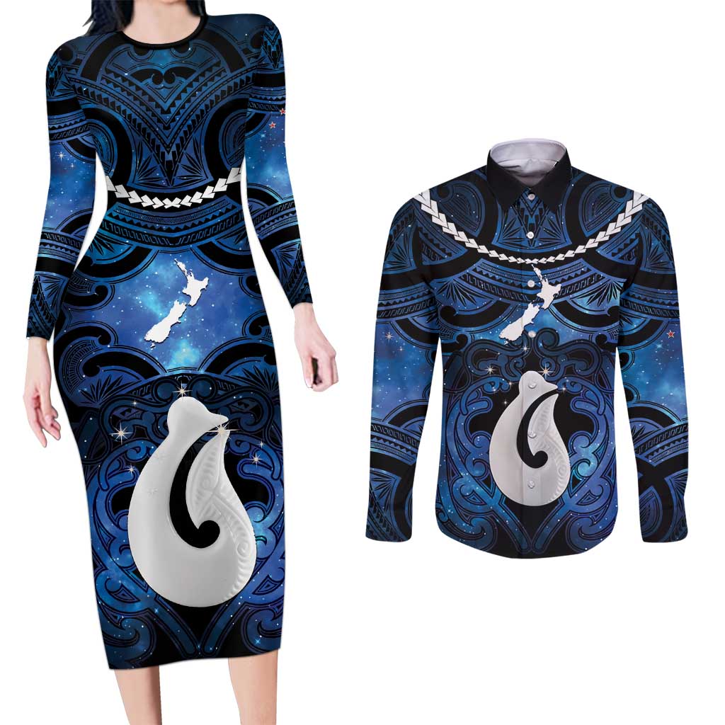 Personalized Maori Matariki Hei Matau Couples Matching Long Sleeve Bodycon Dress and Long Sleeve Button Shirt Maori Kowhaiwhai Pattern Galaxy