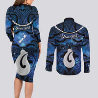 Personalized Maori Matariki Hei Matau Couples Matching Long Sleeve Bodycon Dress and Long Sleeve Button Shirt Maori Kowhaiwhai Pattern Galaxy LT01 - Polynesian Pride