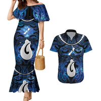 Personalized Maori Matariki Hei Matau Couples Matching Mermaid Dress and Hawaiian Shirt Maori Kowhaiwhai Pattern Galaxy LT01 Blue - Polynesian Pride