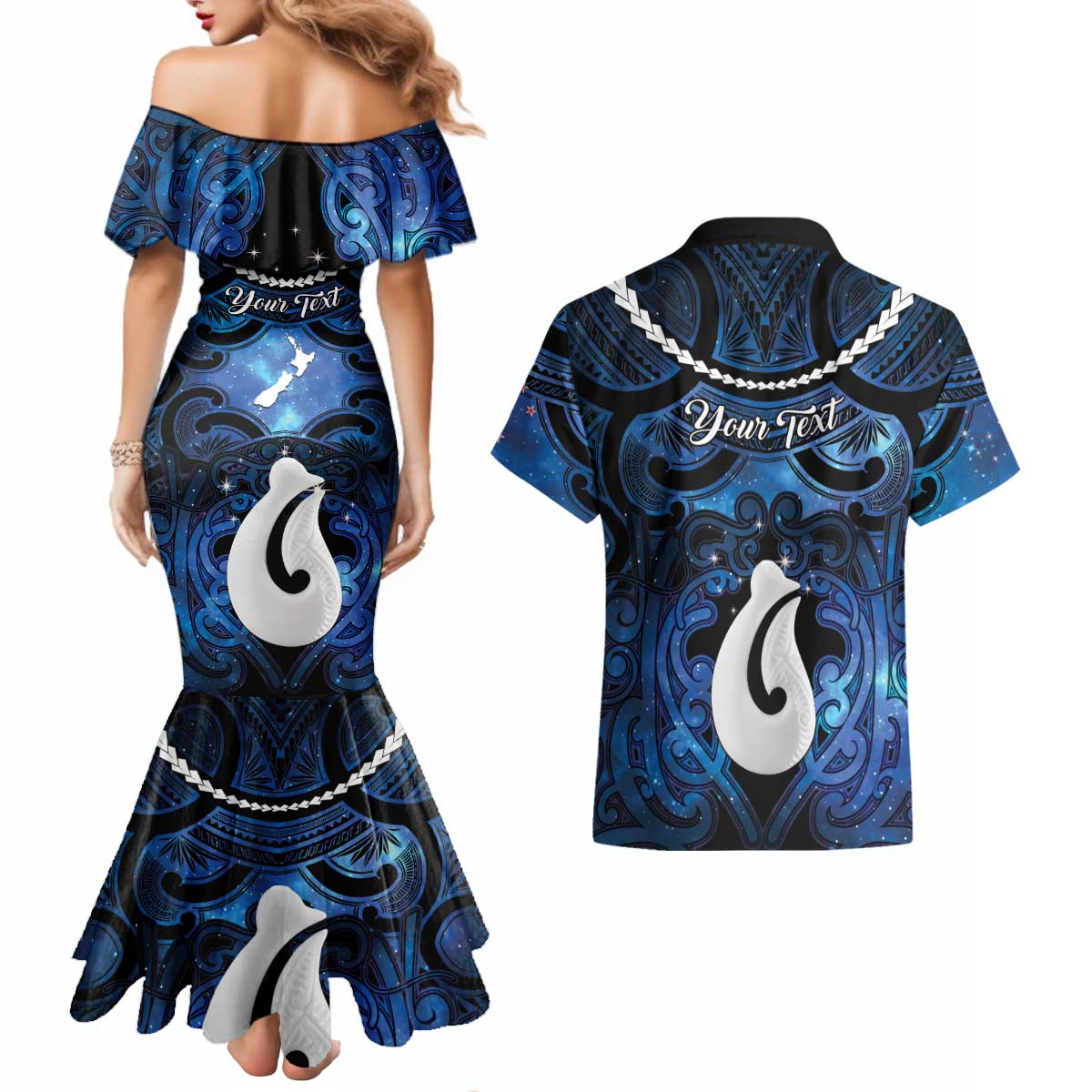 Personalized Maori Matariki Hei Matau Couples Matching Mermaid Dress and Hawaiian Shirt Maori Kowhaiwhai Pattern Galaxy LT01 - Polynesian Pride