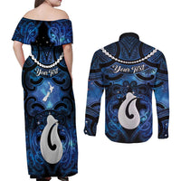 Personalized Maori Matariki Hei Matau Couples Matching Off Shoulder Maxi Dress and Long Sleeve Button Shirt Maori Kowhaiwhai Pattern Galaxy
