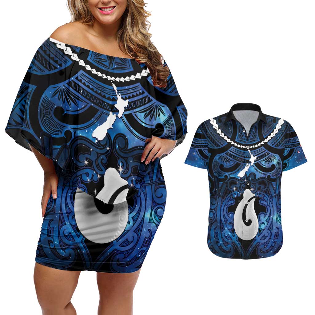 Personalized Maori Matariki Hei Matau Couples Matching Off Shoulder Short Dress and Hawaiian Shirt Maori Kowhaiwhai Pattern Galaxy LT01 Blue - Polynesian Pride