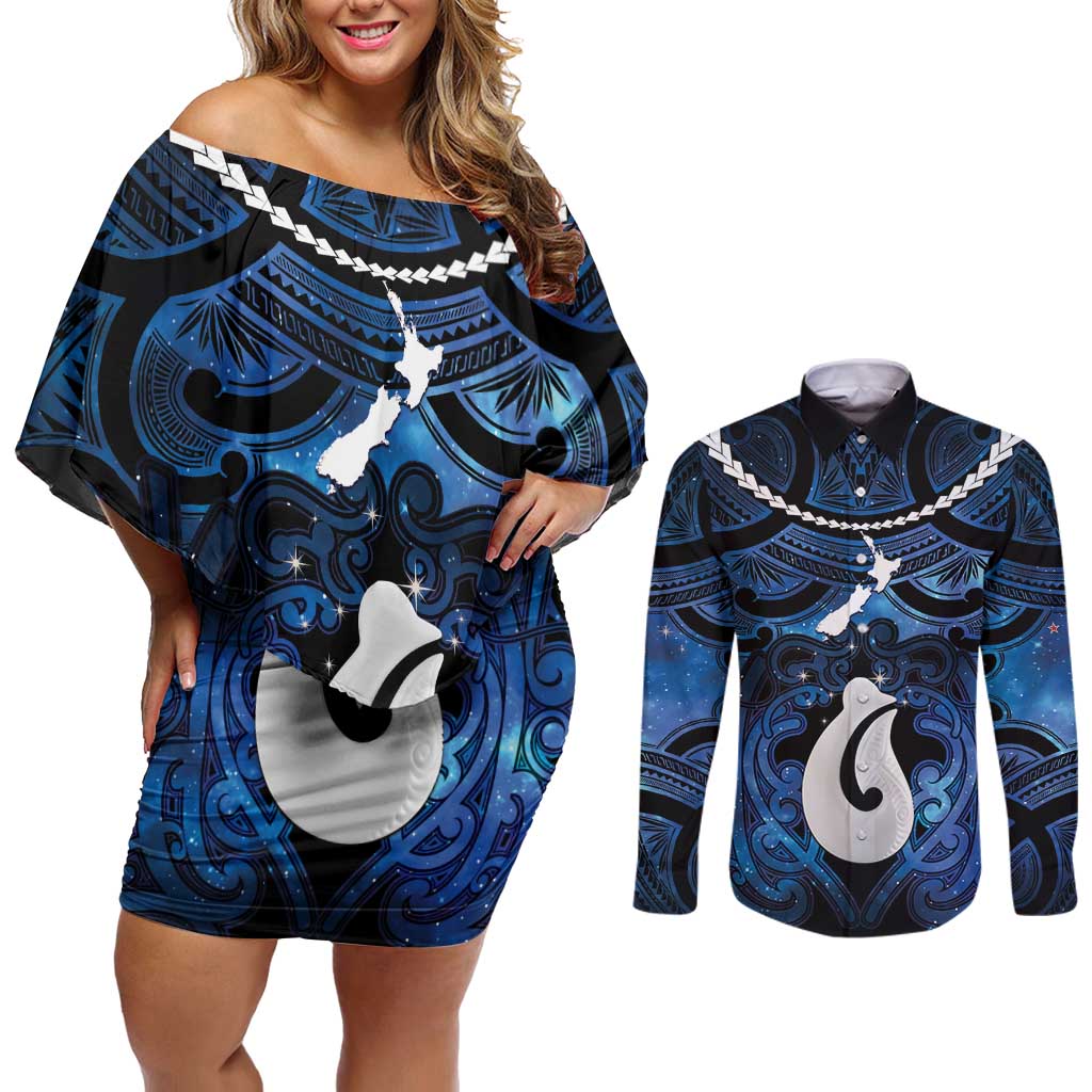 Personalized Maori Matariki Hei Matau Couples Matching Off Shoulder Short Dress and Long Sleeve Button Shirt Maori Kowhaiwhai Pattern Galaxy