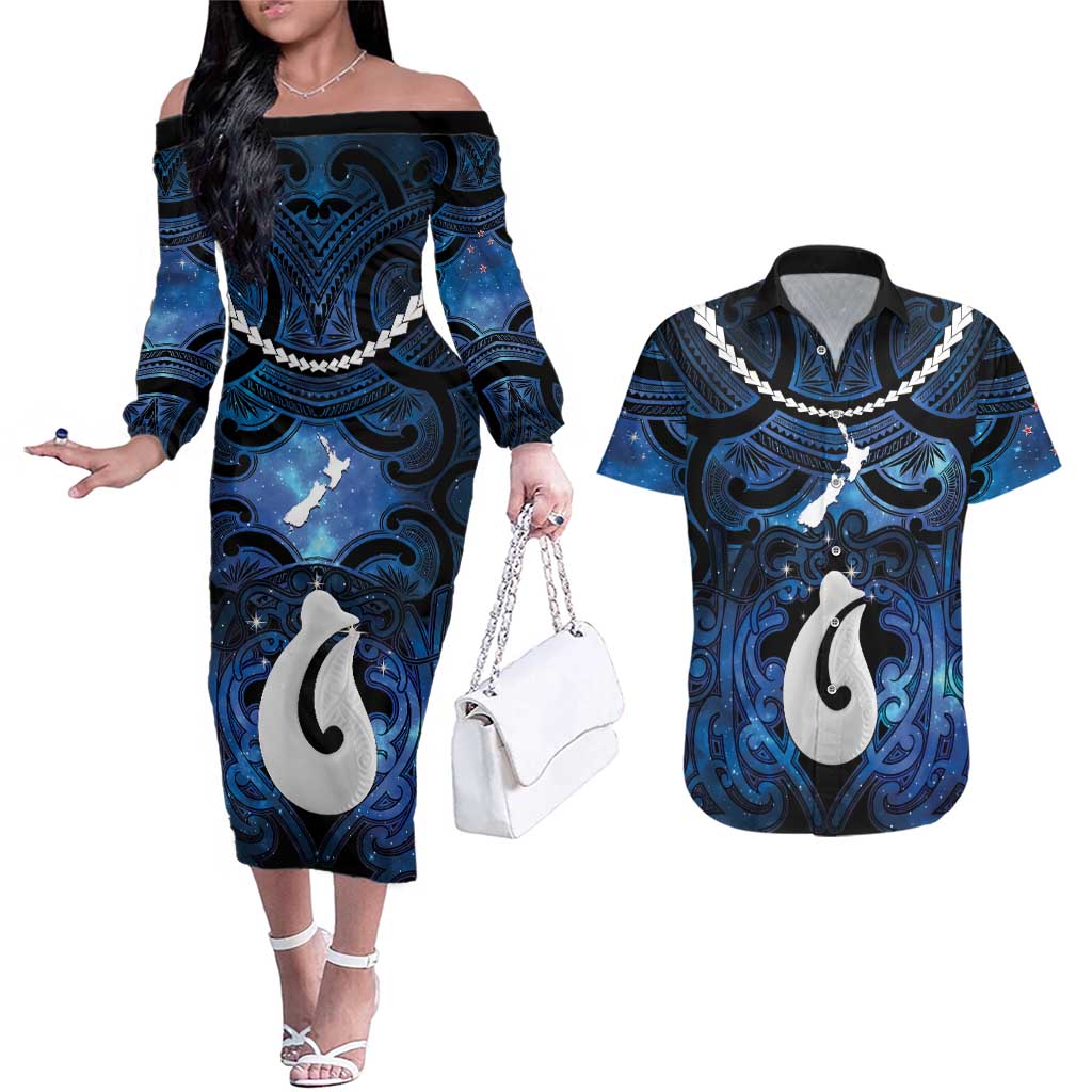 Personalized Maori Matariki Hei Matau Couples Matching Off The Shoulder Long Sleeve Dress and Hawaiian Shirt Maori Kowhaiwhai Pattern Galaxy