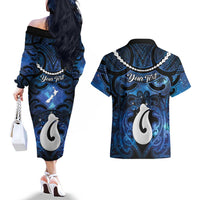 Personalized Maori Matariki Hei Matau Couples Matching Off The Shoulder Long Sleeve Dress and Hawaiian Shirt Maori Kowhaiwhai Pattern Galaxy LT01 - Polynesian Pride
