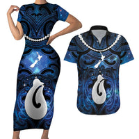 Personalized Maori Matariki Hei Matau Couples Matching Short Sleeve Bodycon Dress and Hawaiian Shirt Maori Kowhaiwhai Pattern Galaxy LT01 Blue - Polynesian Pride