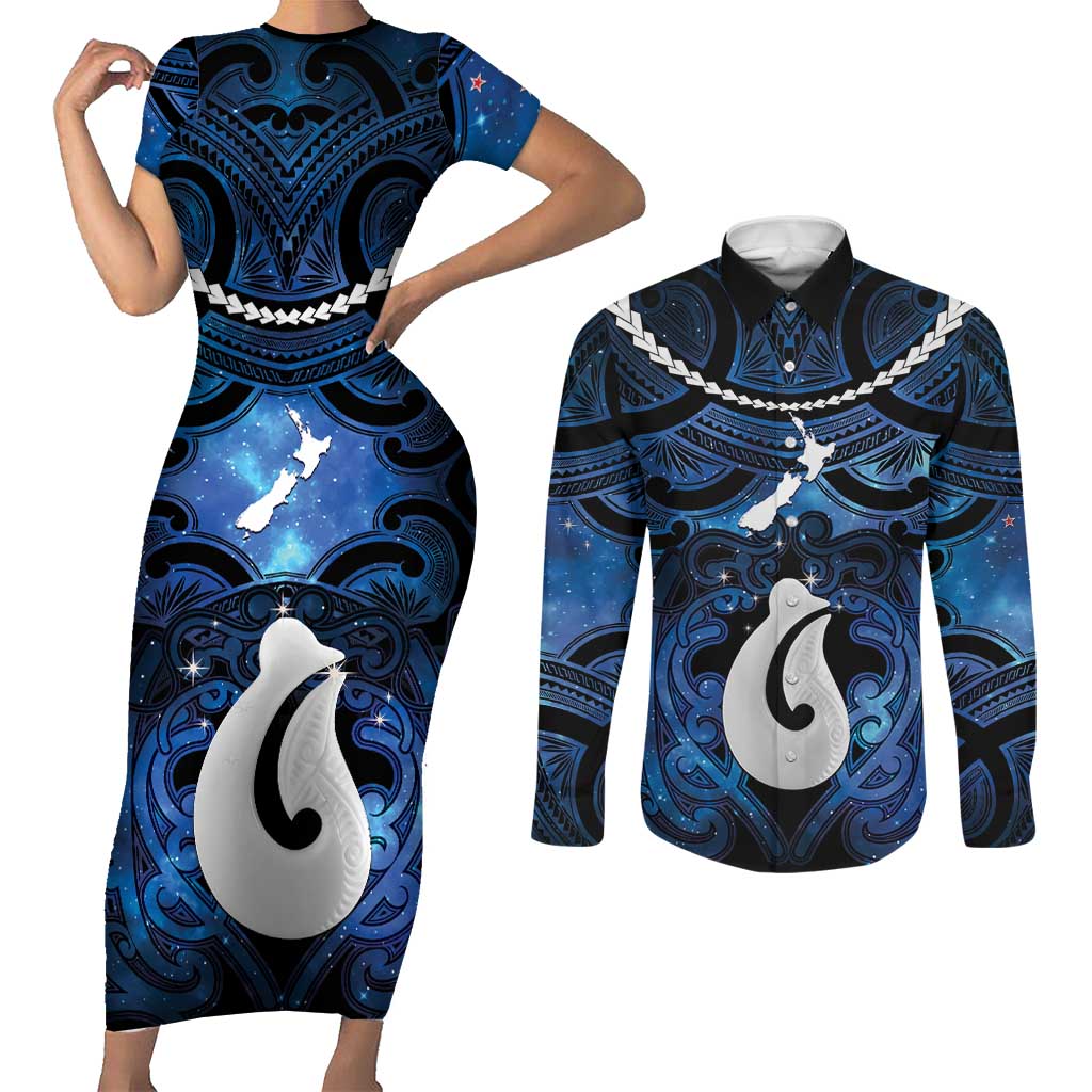 Personalized Maori Matariki Hei Matau Couples Matching Short Sleeve Bodycon Dress and Long Sleeve Button Shirt Maori Kowhaiwhai Pattern Galaxy LT01 Blue - Polynesian Pride