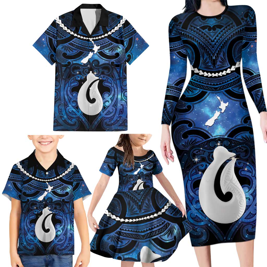 Personalized Maori Matariki Hei Matau Family Matching Long Sleeve Bodycon Dress and Hawaiian Shirt Maori Kowhaiwhai Pattern Galaxy LT01 - Polynesian Pride