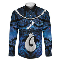 Personalized Maori Matariki Hei Matau Family Matching Long Sleeve Bodycon Dress and Hawaiian Shirt Maori Kowhaiwhai Pattern Galaxy LT01 Dad's Shirt - Long Sleeve Blue - Polynesian Pride