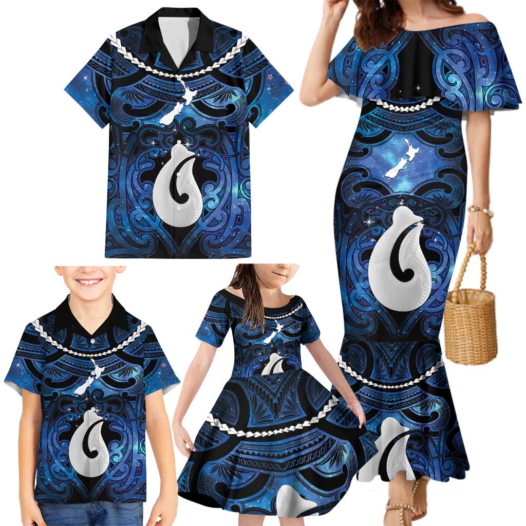 Personalized Maori Matariki Hei Matau Family Matching Mermaid Dress and Hawaiian Shirt Maori Kowhaiwhai Pattern Galaxy