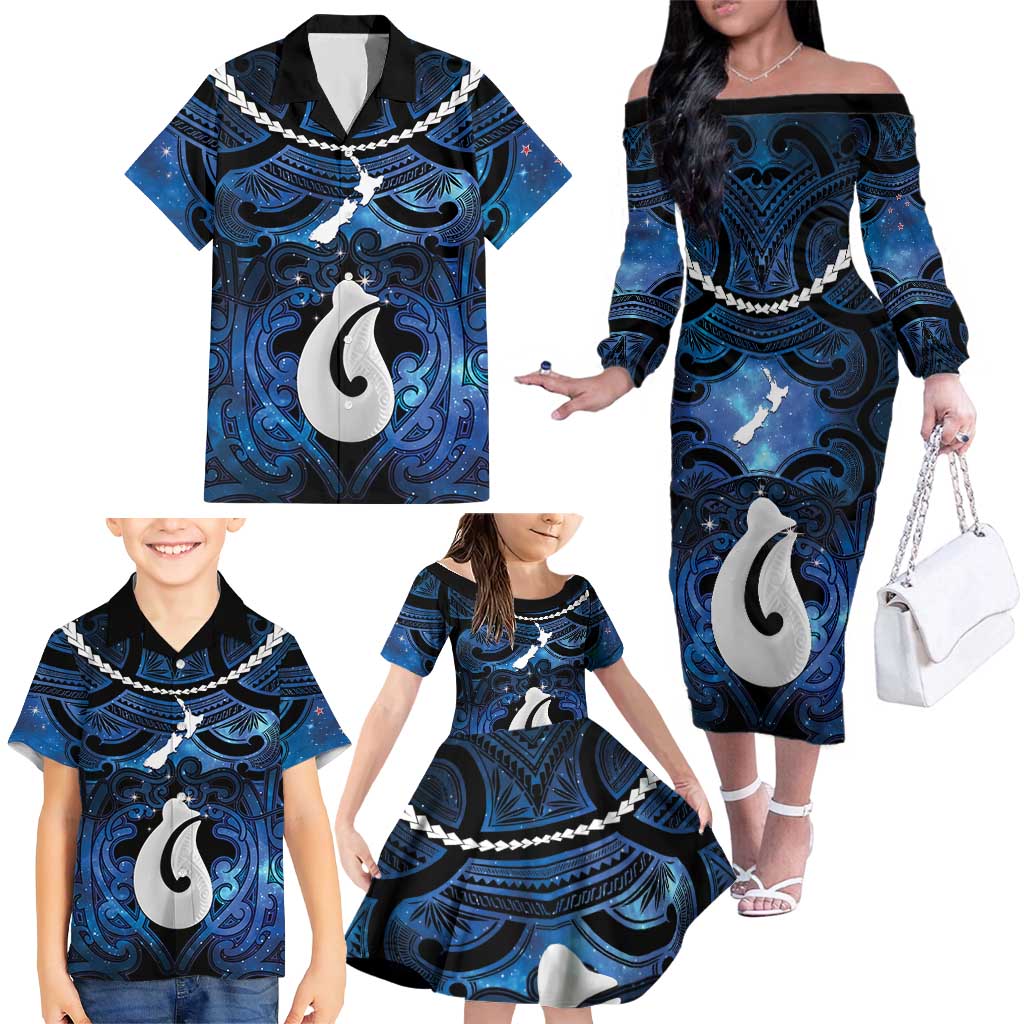 Personalized Maori Matariki Hei Matau Family Matching Off The Shoulder Long Sleeve Dress and Hawaiian Shirt Maori Kowhaiwhai Pattern Galaxy LT01 - Polynesian Pride