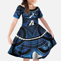 Personalized Maori Matariki Hei Matau Family Matching Puletasi and Hawaiian Shirt Maori Kowhaiwhai Pattern Galaxy LT01 Daughter's Dress Blue - Polynesian Pride