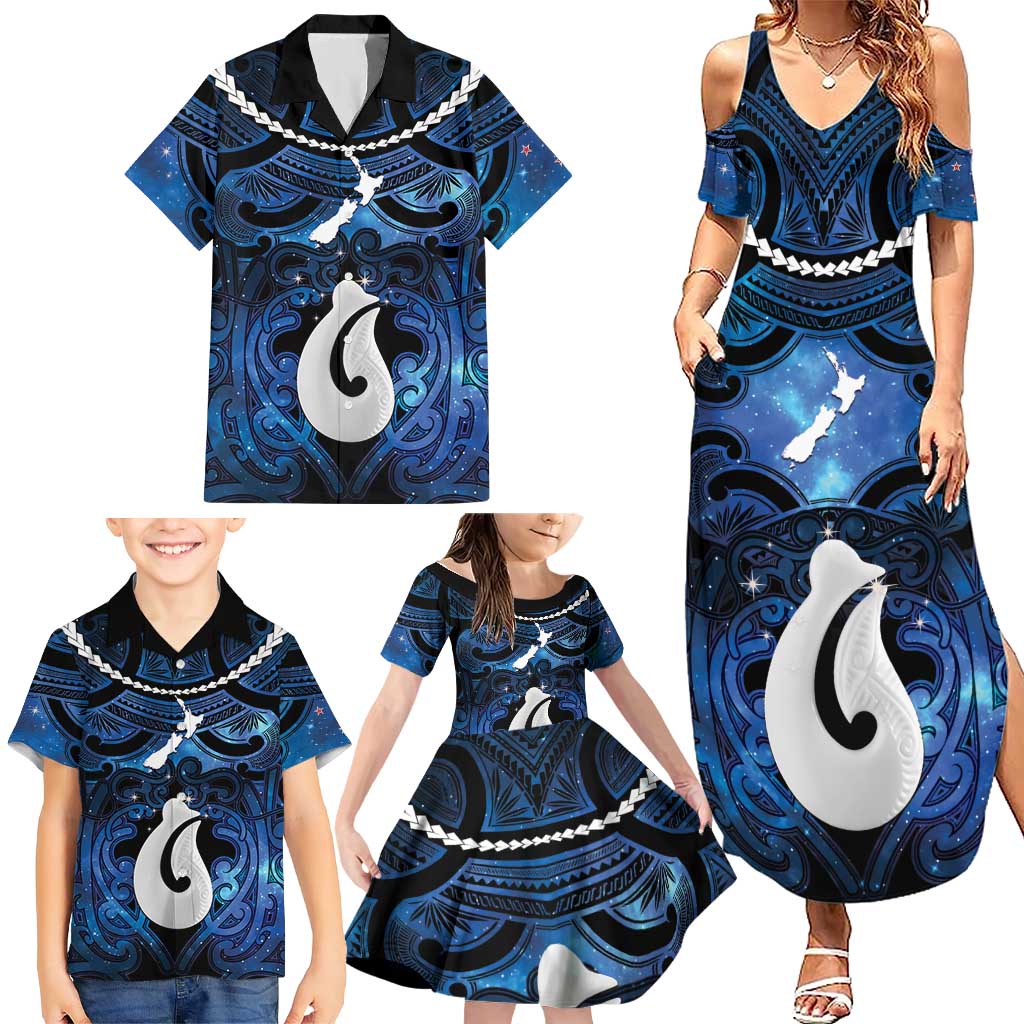 Personalized Maori Matariki Hei Matau Family Matching Summer Maxi Dress and Hawaiian Shirt Maori Kowhaiwhai Pattern Galaxy LT01 - Polynesian Pride