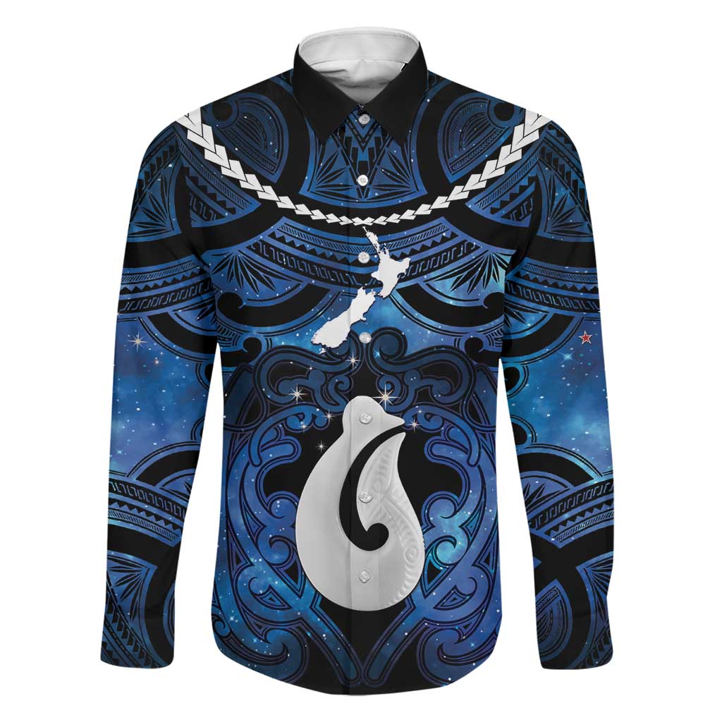 Personalized Maori Matariki Hei Matau Family Matching Tank Maxi Dress and Hawaiian Shirt Maori Kowhaiwhai Pattern Galaxy LT01 Dad's Shirt - Long Sleeve Blue - Polynesian Pride