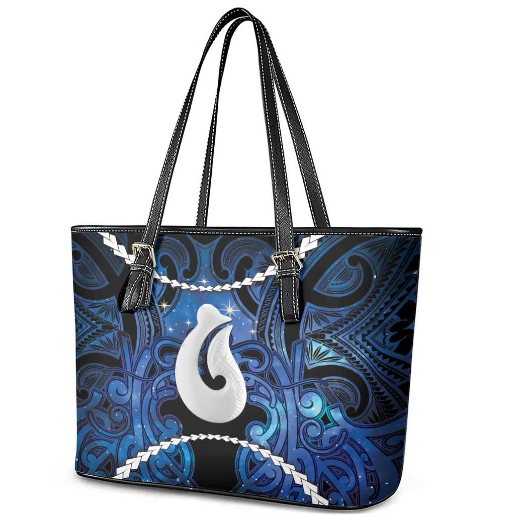 Maori Matariki Hei Matau Leather Tote Bag Maori Kowhaiwhai Pattern Galaxy