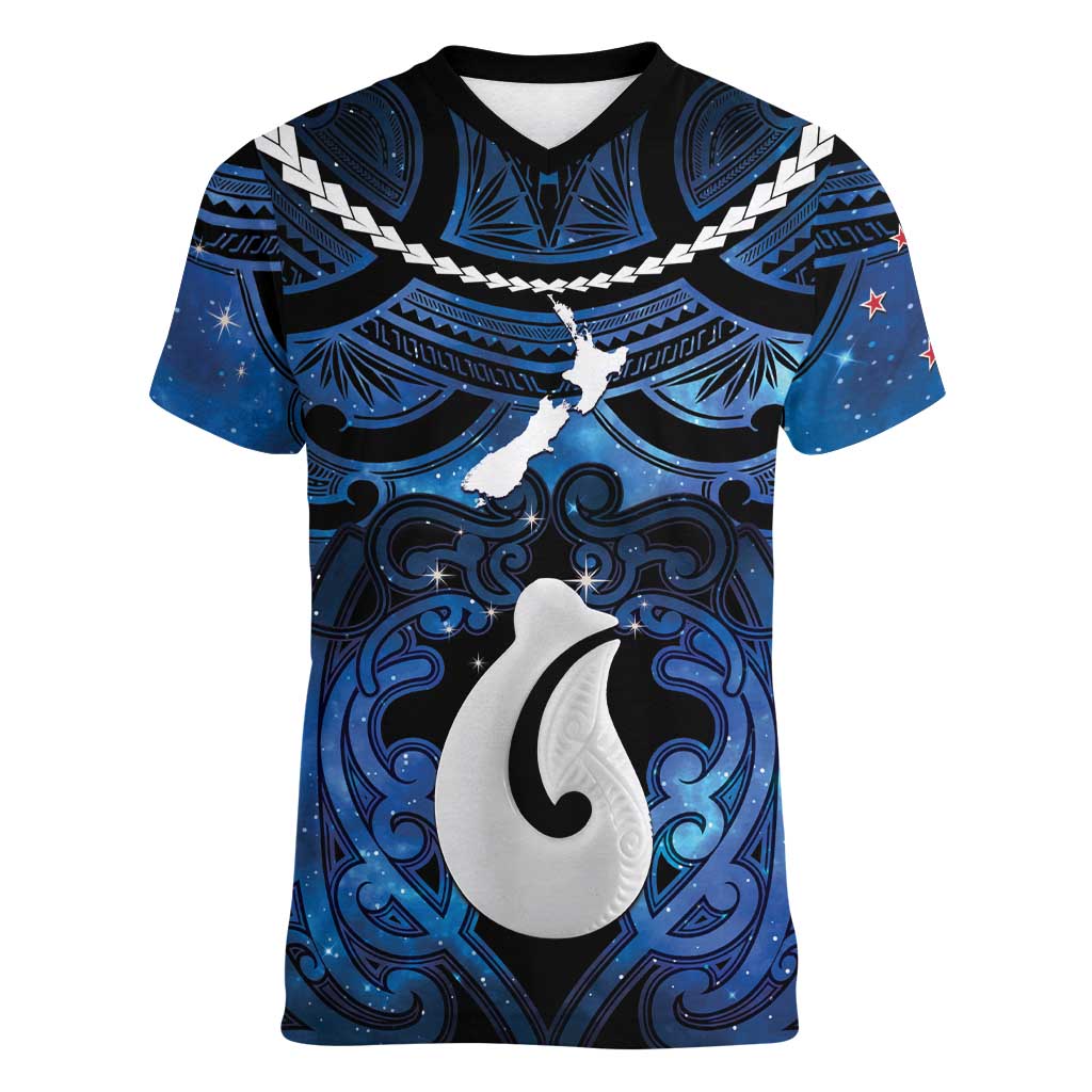 Personalized Maori Matariki Hei Matau Women V-Neck T-Shirt Maori Kowhaiwhai Pattern Galaxy