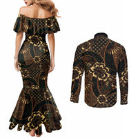 Indonesian Batik Pattern Vintage Brown Couples Matching Mermaid Dress and Long Sleeve Button Shirt