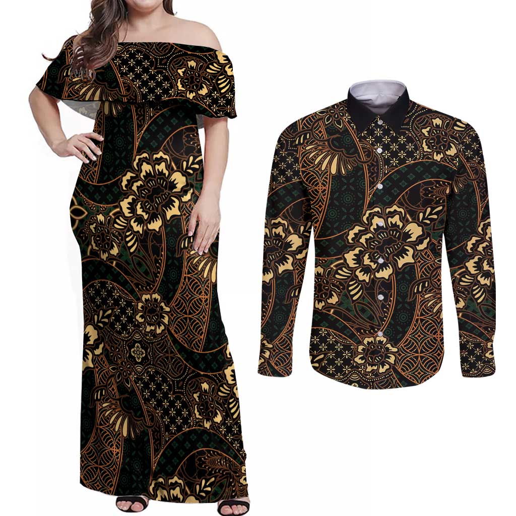 Indonesian Batik Pattern Vintage Brown Couples Matching Off Shoulder Maxi Dress and Long Sleeve Button Shirt LT01 Brown - Polynesian Pride