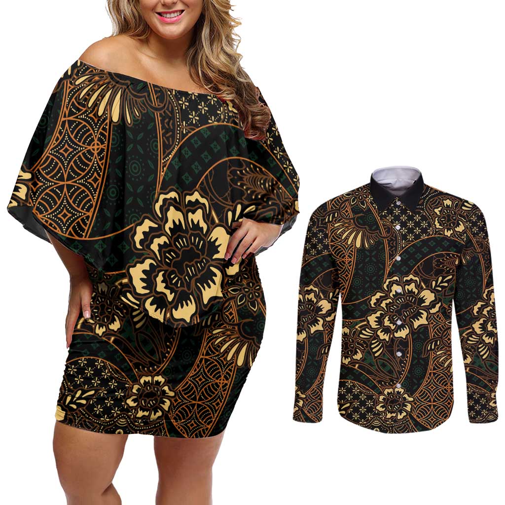 Indonesian Batik Pattern Vintage Brown Couples Matching Off Shoulder Short Dress and Long Sleeve Button Shirt LT01 Brown - Polynesian Pride