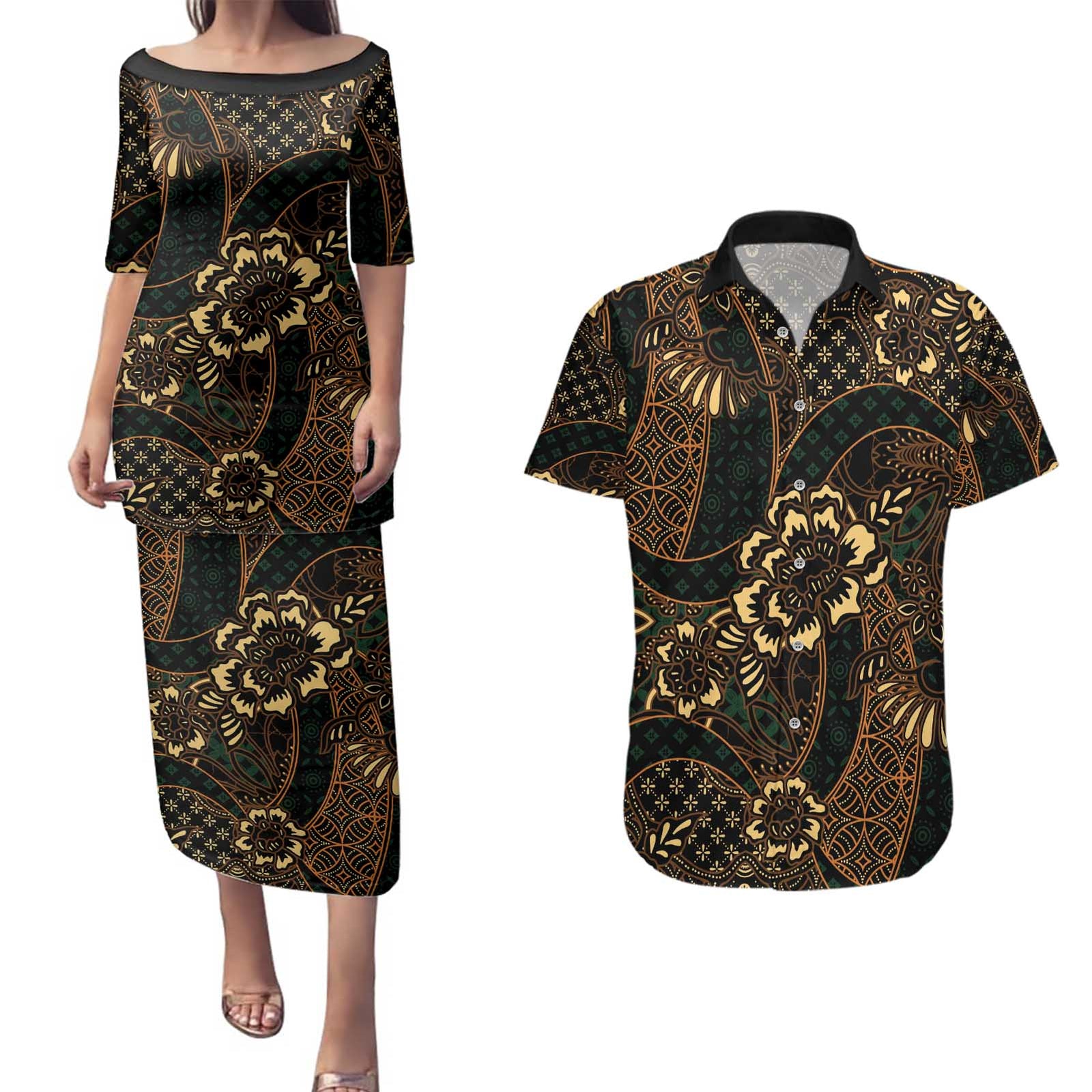 Indonesian Batik Pattern Vintage Brown Couples Matching Puletasi and Hawaiian Shirt