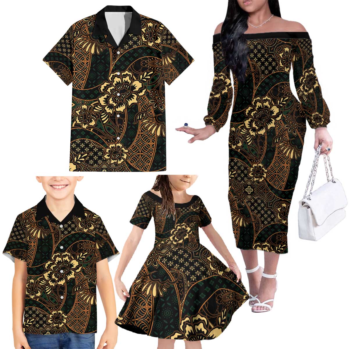 Indonesian Batik Pattern Vintage Brown Family Matching Off The Shoulder Long Sleeve Dress and Hawaiian Shirt LT01 - Polynesian Pride