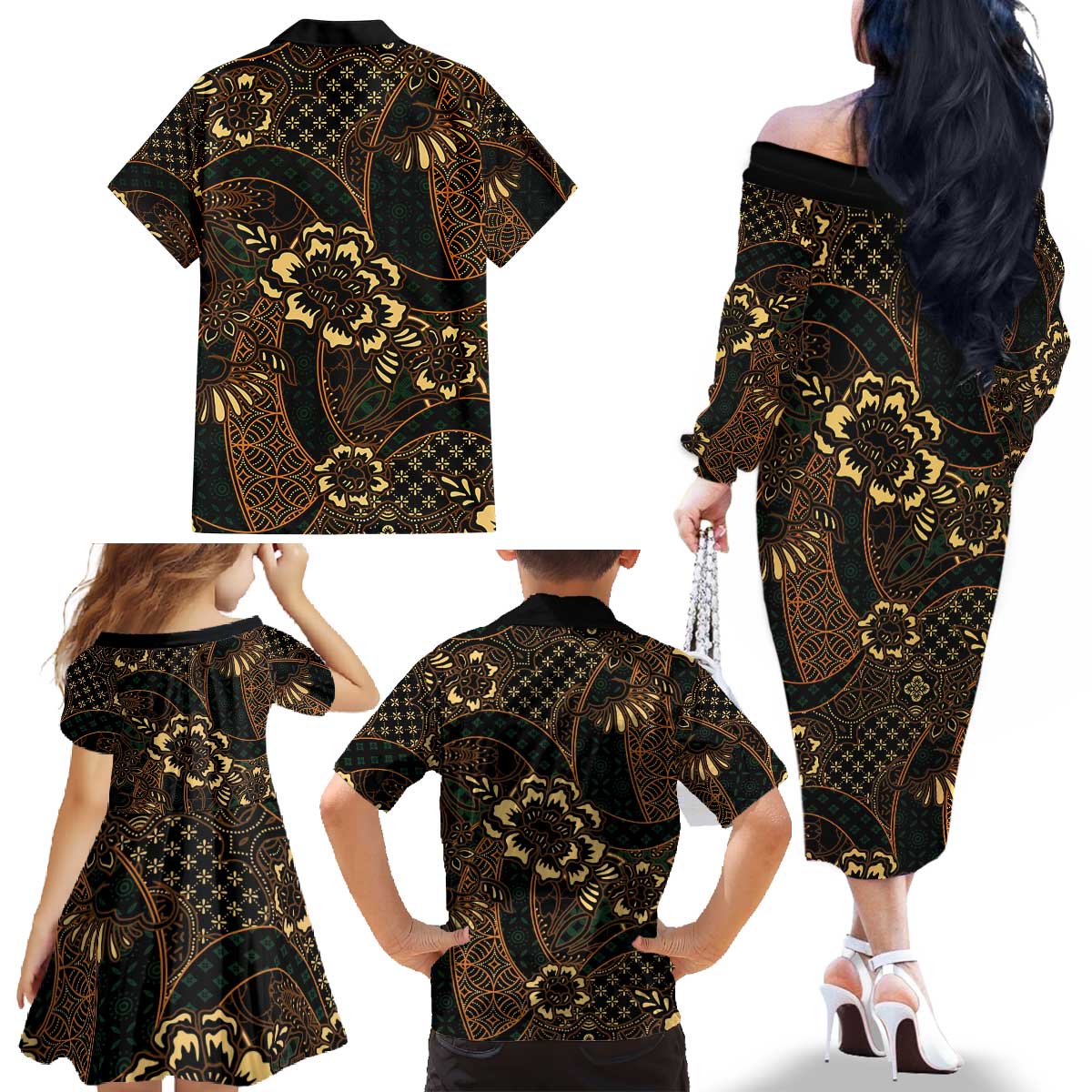 Indonesian Batik Pattern Vintage Brown Family Matching Off The Shoulder Long Sleeve Dress and Hawaiian Shirt LT01 - Polynesian Pride