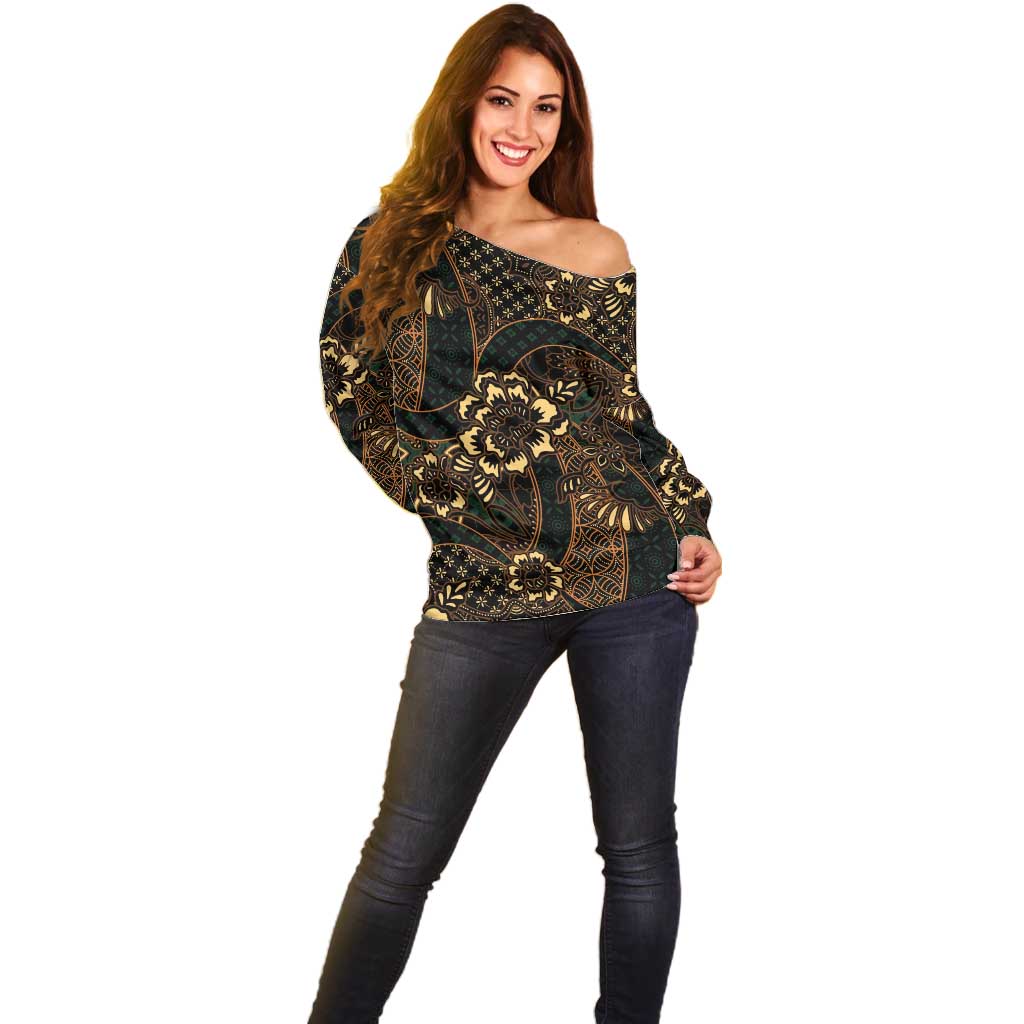 Indonesian Batik Pattern Vintage Brown Off Shoulder Sweater