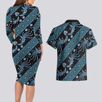 Indonesia Batik Pattern Couples Matching Long Sleeve Bodycon Dress and Hawaiian Shirt Blue Version LT01 - Polynesian Pride