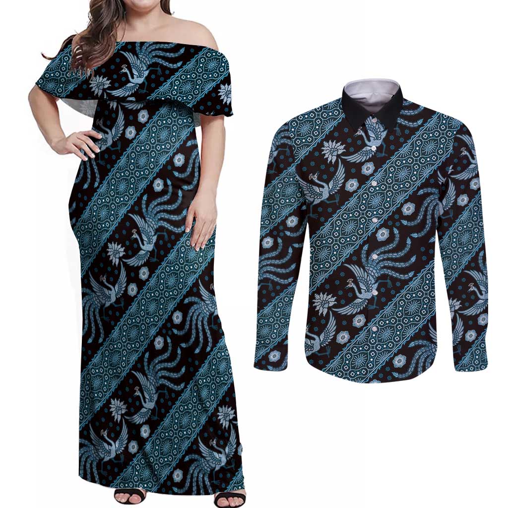 Indonesia Batik Pattern Couples Matching Off Shoulder Maxi Dress and Long Sleeve Button Shirt Blue Version LT01 Blue - Polynesian Pride