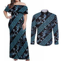 Indonesia Batik Pattern Couples Matching Off Shoulder Maxi Dress and Long Sleeve Button Shirt Blue Version LT01 Blue - Polynesian Pride