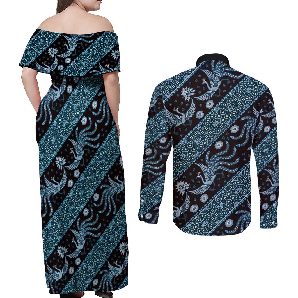 Indonesia Batik Pattern Couples Matching Off Shoulder Maxi Dress and Long Sleeve Button Shirt Blue Version LT01 - Polynesian Pride