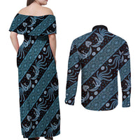 Indonesia Batik Pattern Couples Matching Off Shoulder Maxi Dress and Long Sleeve Button Shirt Blue Version LT01 - Polynesian Pride