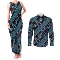 Indonesia Batik Pattern Couples Matching Tank Maxi Dress and Long Sleeve Button Shirt Blue Version LT01 Blue - Polynesian Pride
