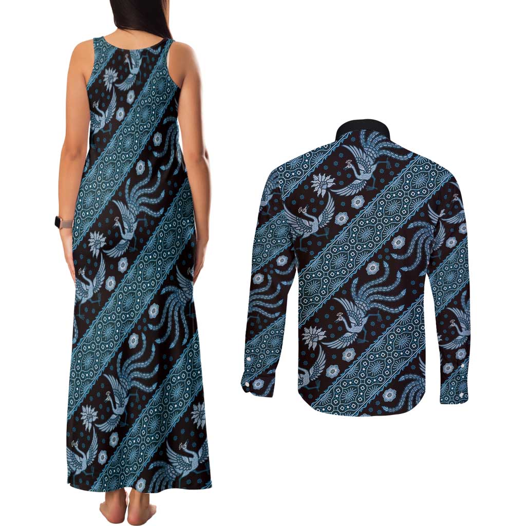 Indonesia Batik Pattern Couples Matching Tank Maxi Dress and Long Sleeve Button Shirt Blue Version LT01 - Polynesian Pride