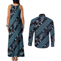 Indonesia Batik Pattern Couples Matching Tank Maxi Dress and Long Sleeve Button Shirt Blue Version LT01 - Polynesian Pride
