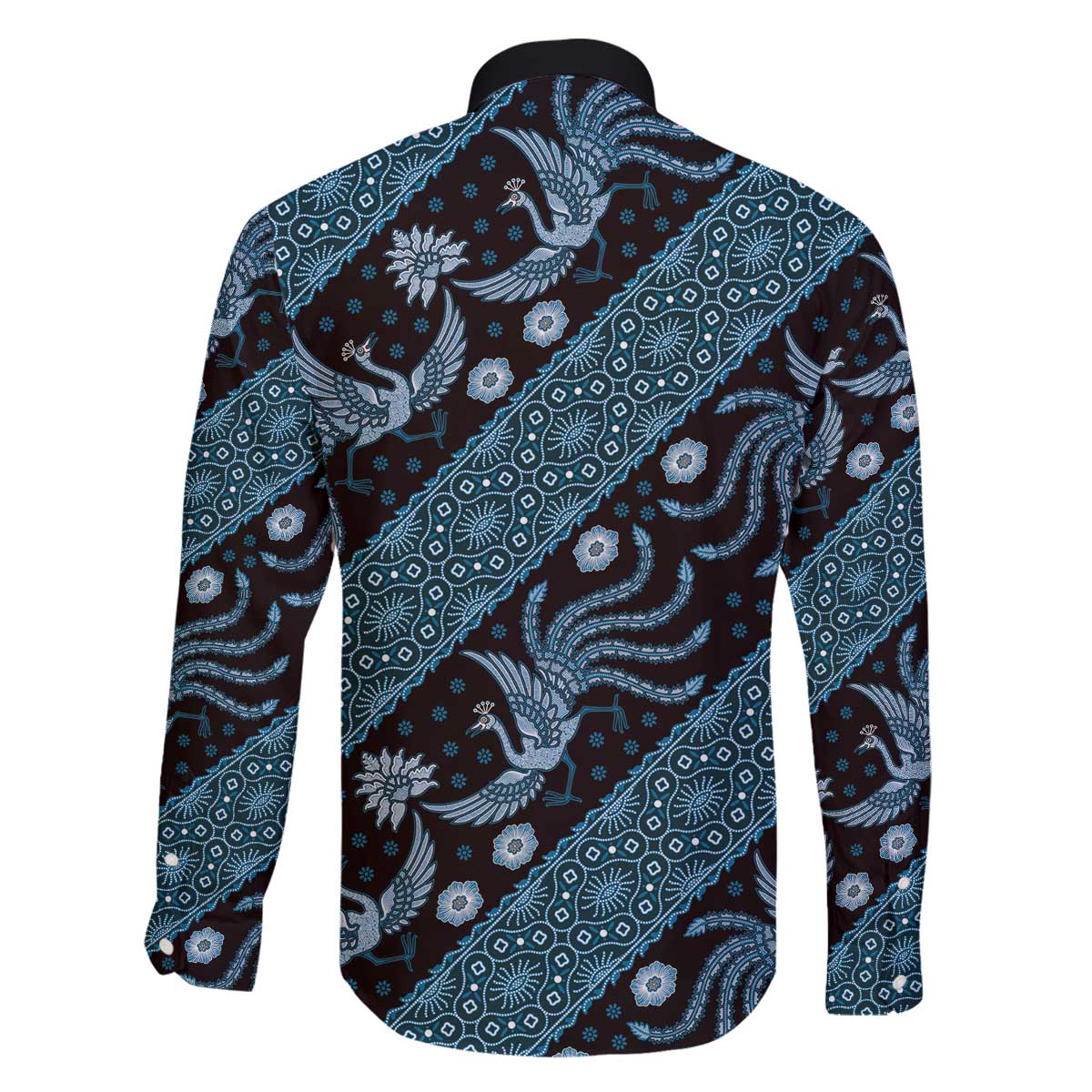 Indonesia Batik Pattern Family Matching Off The Shoulder Long Sleeve Dress and Hawaiian Shirt Blue Version