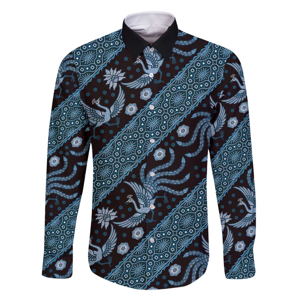 Indonesia Batik Pattern Family Matching Off Shoulder Maxi Dress and Hawaiian Shirt Blue Version