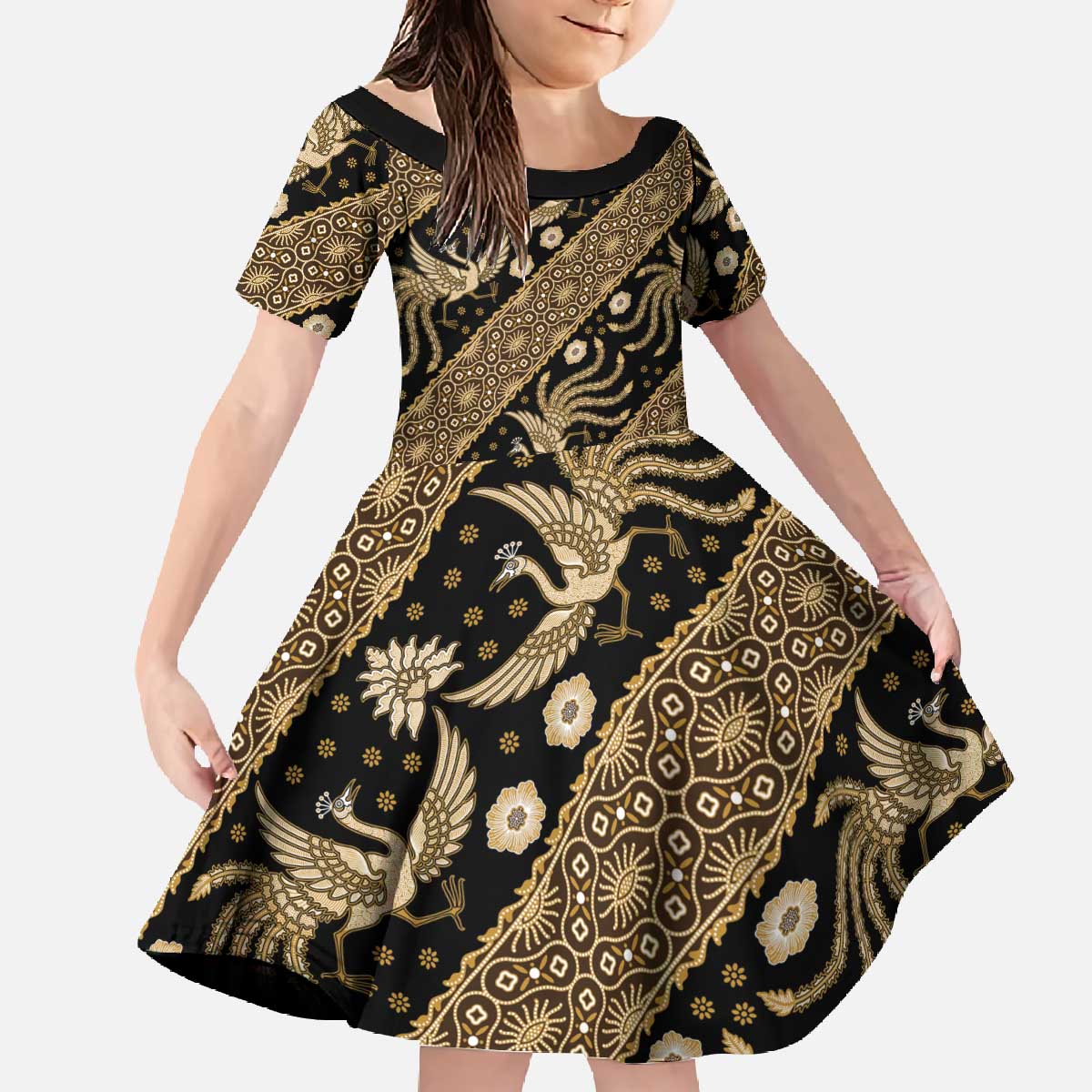 Indonesia Batik Pattern Family Matching Off The Shoulder Long Sleeve Dress and Hawaiian Shirt Gold Version LT01 Daughter's Dress Gold - Polynesian Pride
