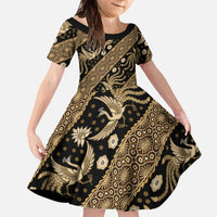 Indonesia Batik Pattern Family Matching Off The Shoulder Long Sleeve Dress and Hawaiian Shirt Gold Version LT01 Daughter's Dress Gold - Polynesian Pride