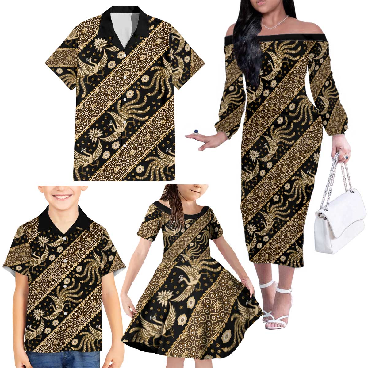 Indonesia Batik Pattern Family Matching Off The Shoulder Long Sleeve Dress and Hawaiian Shirt Gold Version LT01 - Polynesian Pride
